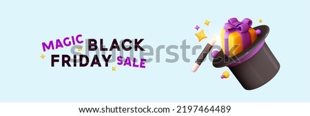 Black Friday sale. Horizontal blue banner, web poster. Magic Hat of conjurer with stick. Surprise gift box inside. Realistic 3d design. Vector illustration.