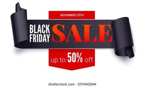 Black friday sale, horizontal poster. Black ribbon with curled edges. Paper scrolls. Offer about fantastic discounts.Get up to fifty percent off. Ad poster for shopping events, 3D illustration