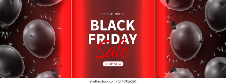 Black Friday sale horizontal promo banner. Vector illustration with realistic red neon tubes and black air balloons with confetti on black background. Seasonal discount offer.