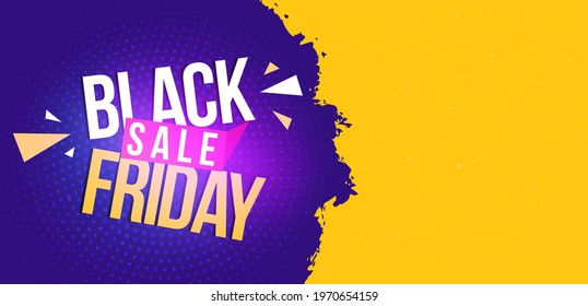 Black friday sale. Horizontal purple banner with yellow blank space for your text. Bright modern design for marketing. Vector illustration