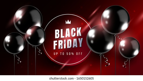 Viernes negro venta ilustración horizontal vectorial con 3d globo de aire negro brillante realista sobre fondo rojo con brillo. Diseño con globo para banderín especial de venta de viernes