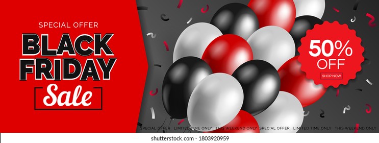 black friday sale horizontal web banner design with balloons vector illustration