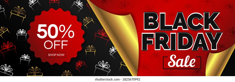 black friday sale  horizontal  web banner design with gift boxes icons and wrap paper vector illustration