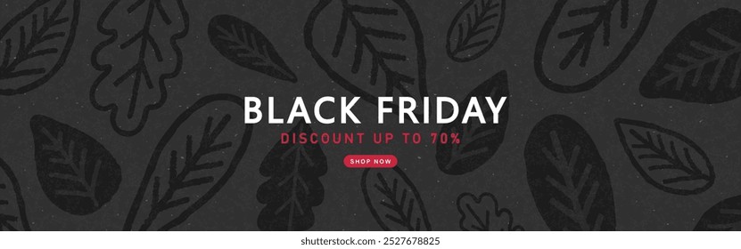 Venda de Black Friday. Banner web horizontal com folhas desenhadas à mão sobre fundo preto e textura granulada. Ilustração vetorial