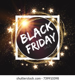 Black Friday Sale. Hot Offer. Magic Promotion Label with Shining Light. Vector illustration