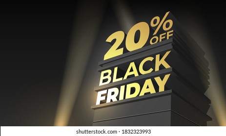 BLACK FRIDAY sale illustration with 3d text on night sky background with copy space. 20 percent OFF. Vector template for flyer, discount, shop, business, promo, cards.