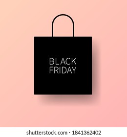 Modelo de banner de ilustración de la venta del viernes negro con bolsa de compras negra sobre fondo rosado. Publicidad, banner promocional de color negro y rosa. EPS vectorial 10.