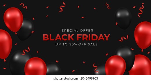 Black Friday Sale. Illustration for banners, posters or flyers with balloons and confetti. Vector illustration.