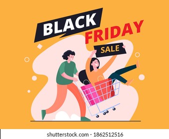 black friday sale illustration concept, 2 people and pushing shopping cart happily because of lots of discounts`