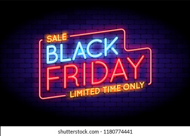 Black Friday Sale illustration in neon style. Luminous neon words on the wall. Vector illustration for web or print adverts for black friday sales.