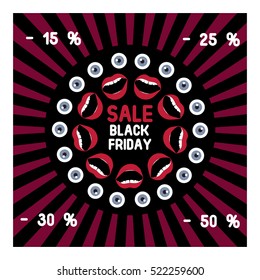 Black Friday sale. Illustration sell emotions: shock face, expression, surprise, joy, mouth open, wondering eyes. Round frame. The element draws attention to advertising. Vector isolated on a black.