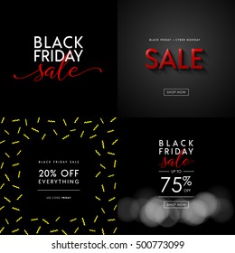 Black Friday Sale illustrations for social media banners, ads, newsletters, posters, flyers, websites. Set of typographic vector designs.