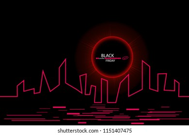 Black Friday sale inscription design template. Eclipse. Black Friday banner. Vector illustration. Black Background with an Abstract City Skyline with Loading Bar