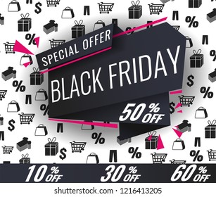 Black Friday sale inscription design template, special offer, up to 10% 30% 50% 60% off. Vector illustration