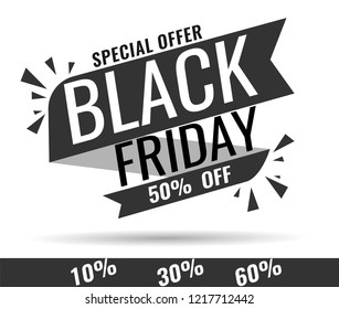 Black Friday sale inscription design template, special offer, up to 10% 30% 50% 60% off. Vector illustration