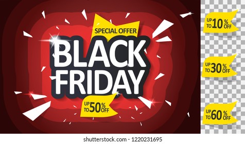 Black Friday sale inscription design template, special offer, up to 10% 30% 50% 60% off. Vector illustration