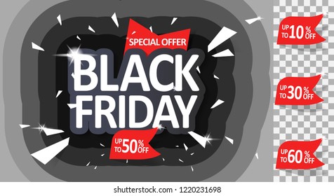 Black Friday sale inscription design template, special offer, up to 10% 30% 50% 60% off. Vector illustration