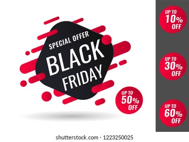 Black Friday sale inscription design template, special offer, up to 10% 30% 50% 60% off. Vector illustration