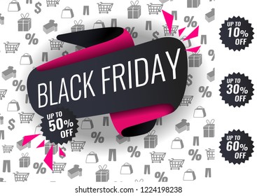 Black Friday sale inscription design template, special offer, up to 10% 30% 50% 60% off. Vector illustration