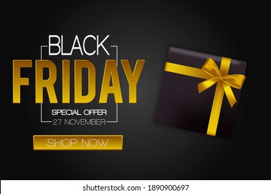 Black Friday sale inscription design template and banner. Discount offer presentation. Creative concept for sales season.  Vector illustration on black background with present and golden ribbon