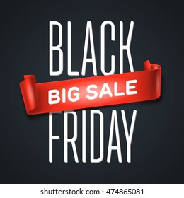 Black Friday sale inscription design template with red detailed curved ribbon. Black Friday banner.