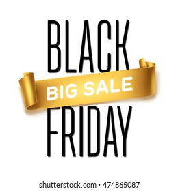 Black Friday sale inscription design template with gold detailed curved ribbon. Black Friday banner.