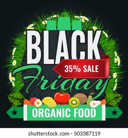 Black Friday sale inscription design template for organic food and vegetable with grass and flower and sunburst background. Black Friday banner. Vector illustration