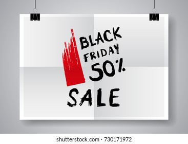 Black Friday sale inscription design template. Twice a folded poster with clamps. Poster with clamps. Vector illustration.