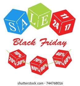 Black Friday sale inscription design template. Color children cubes. Vector isometric illustration