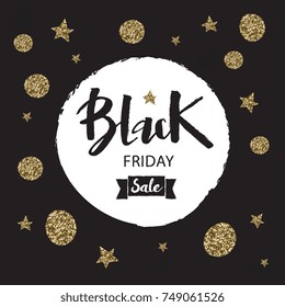 Black Friday Sales Inschrift Design-Vorlage. Kalligrafische handgefertigte Schrift Black Friday. Black Friday Banner.  Vektorgrafik. Schöner Hintergrund mit hellen Sternen.