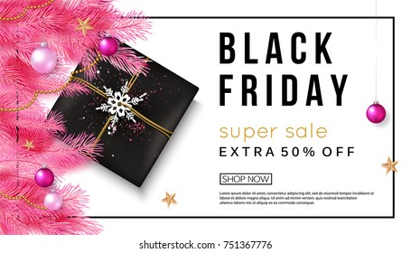 Black Friday sale inscription design banner with Christmas decoration. Vector illustration