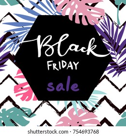 Black Friday sale inscription design template. Black Friday banner. Vector illustration jungle leaves seamless vector floral pattern background