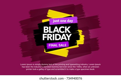 Black Friday sale inscription. Sale and discount. Abstract ink blots on a pink background. Great discounts. Brush strokes.  Black Friday template for your banner or poster. Vector illustration