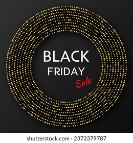 Black Friday sale inscription on gold glowing halftone dotted circle. Vector illustration