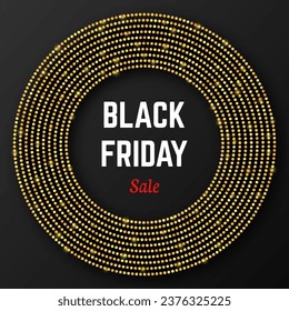 Black Friday sale inscription on gold glowing halftone dotted circle. Vector illustration