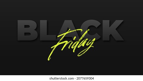 Black friday sale inscription yellow letters on a black background, horizontal banner, design template. Copy space, creative background. 3D vector illustration