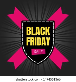 Black friday sale inspiration poster, banner or flyer vector illustration isolated on dark background. Big holiday mega sale with ribbon, label tag and text
