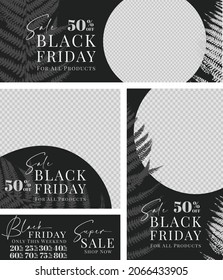 Black Friday Sale. Instagram post, Facebook cover, story template. Layout design for marketing promotion. Social Media post banner. Network background. Black and white nature. Vector illustration.