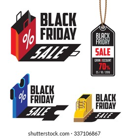 Black Friday Sale Isometric Flat style Poster Banner design vector template. Shopping bag, T-shirt, Boot Creative Marketing Badges Labels.
