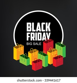 Black Friday Sale Isometric Flat style Shopping bags Poster Banner design vector template. Creative Marketing Badge Label.