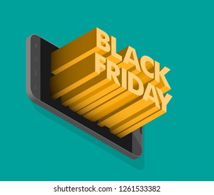 Black Friday Sale isometry phone banner. 3D text Black Friday Sale smartphone poster. Advertising isometric illustration. Black Friday Sale tablet banner. Seasonal holidays discounts isometry ad offer