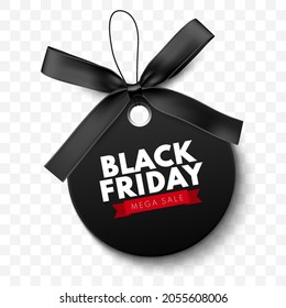 Black Friday sale label with black bow and black ribbon isolated on white background. Vector illustration