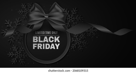 Black Friday sale label. Bow and curly ribbon with tag. Vector banner to advertise your business promotions. Business cover for ad. Commercial discount event. Paper snowflakes. EPS 10