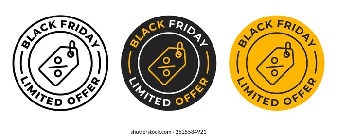 Black Friday Sale Label Icon Set. Black Friday Sonderangebot Vektorgrafik. Werbebanner mit begrenztem Angebot. Sonderpreis-Rabatt-Tag. Limitiertes Angebot Black Friday Verkauf Prozent Label.