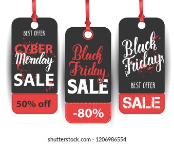 Black Friday Sale Label Set mit handgefertigtem Angebot. Handgeschriebene moderne Bürstenschrift von Black Friday, Cyber Montag. Bestes Angebot. 50 % Rabatt, 80 % Rabatt