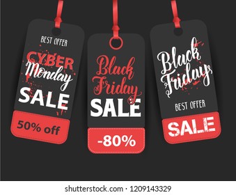 Black Friday Sale label set with hand made quote. Handwritten modern brush lettering of Black Friday, Cyber Monday. Best Offer. 50% off, 80% off