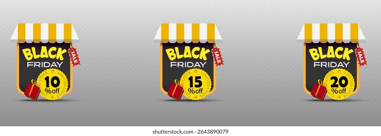 Etiqueta de venda Black Friday com toldo listrado, crachá de desconto e caixa de presente para compras e promoção sazonal