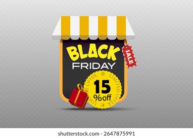 Black Friday sale label with striped awning, discount badge and gift box for shopping and seasonal promotion