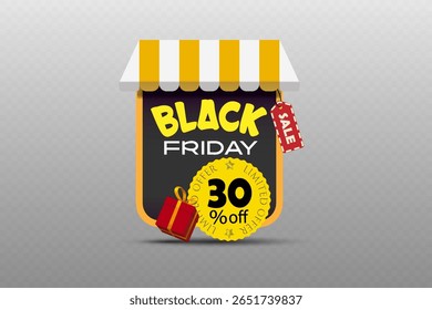 Black Friday sale label with striped awning, discount badge and gift box for shopping and seasonal promotion