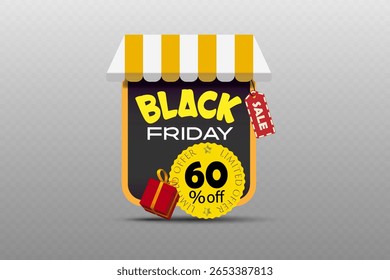 Black Friday sale label with striped awning, discount badge and gift box for shopping and seasonal promotion